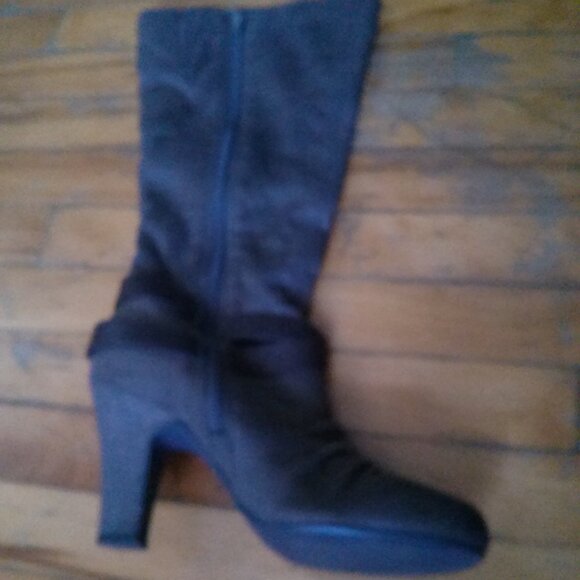 Women's 4" Heel Boots, Olive Green Faux Suede, Brown Buckle, Size 7 - Picture 2 of 16